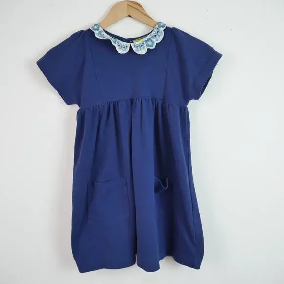 Mini Boden Girls Dress 6 7 Y Blue Cotton Short Sleeve Embroidered Collar Floral - Picture 1 of 7